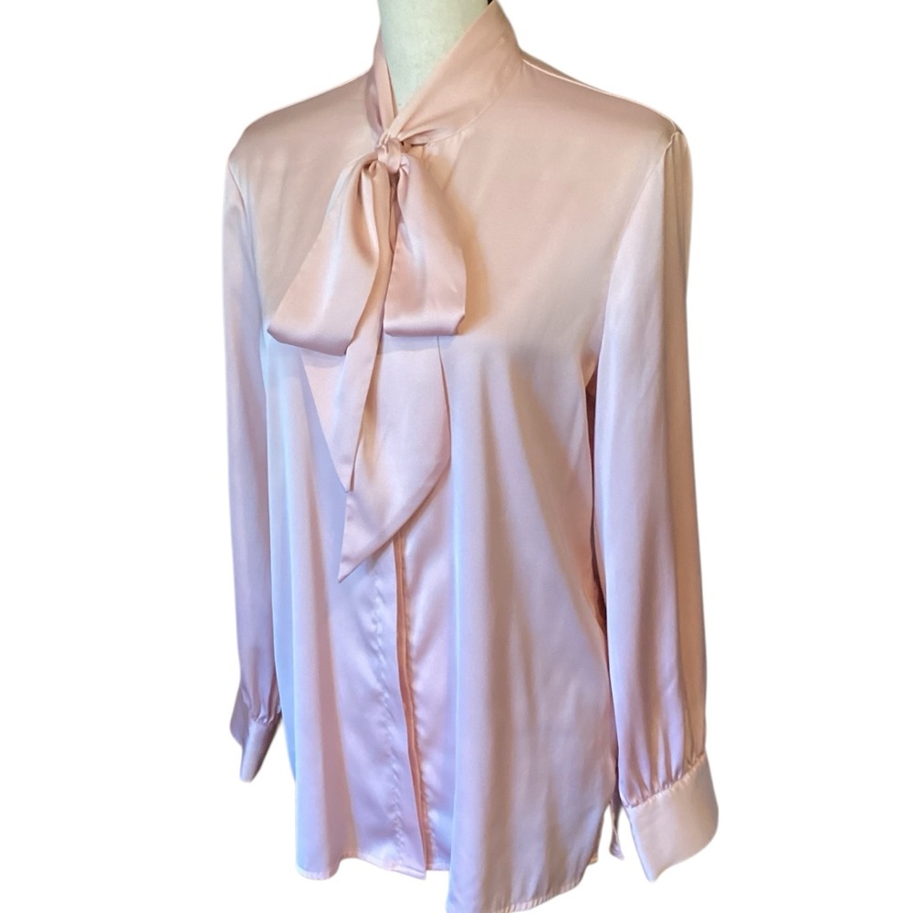 Escalier Pale Pink Tie Neck Long Sleeve Silky Blouse Size Medium - Picture 6 of 13